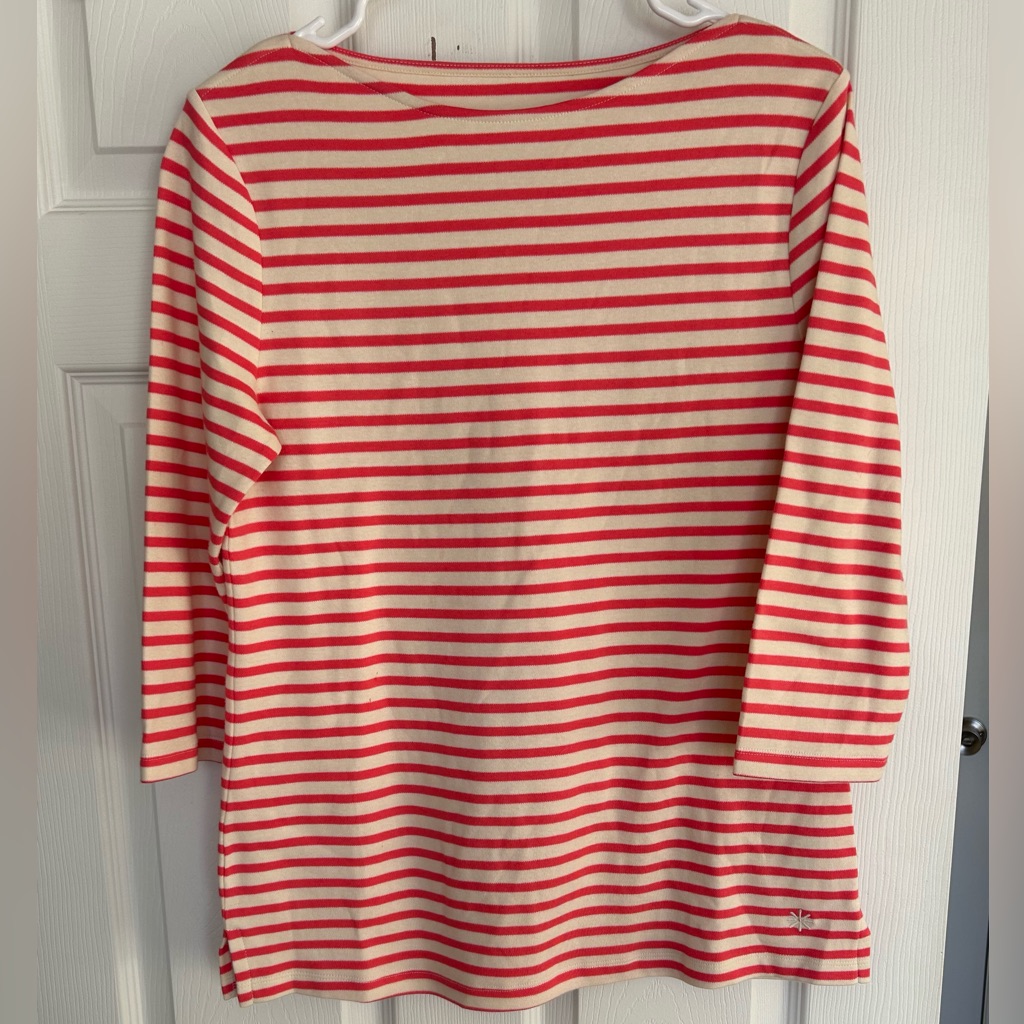 New Isaac Mizrahi Essential Yarn Dye Stripe 3/4 Sleeve Top Coral Size Small